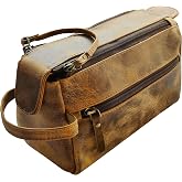 Leather Toiletry Bag for Men - Full Grain Travel Dopp Kit &amp; Shaving Bag | Main Compartment, Interior &amp; Exterior Zip Pockets, YKK Zippers, Waterproof Lining; TSA Carry-On; Gifts for Him, Brown