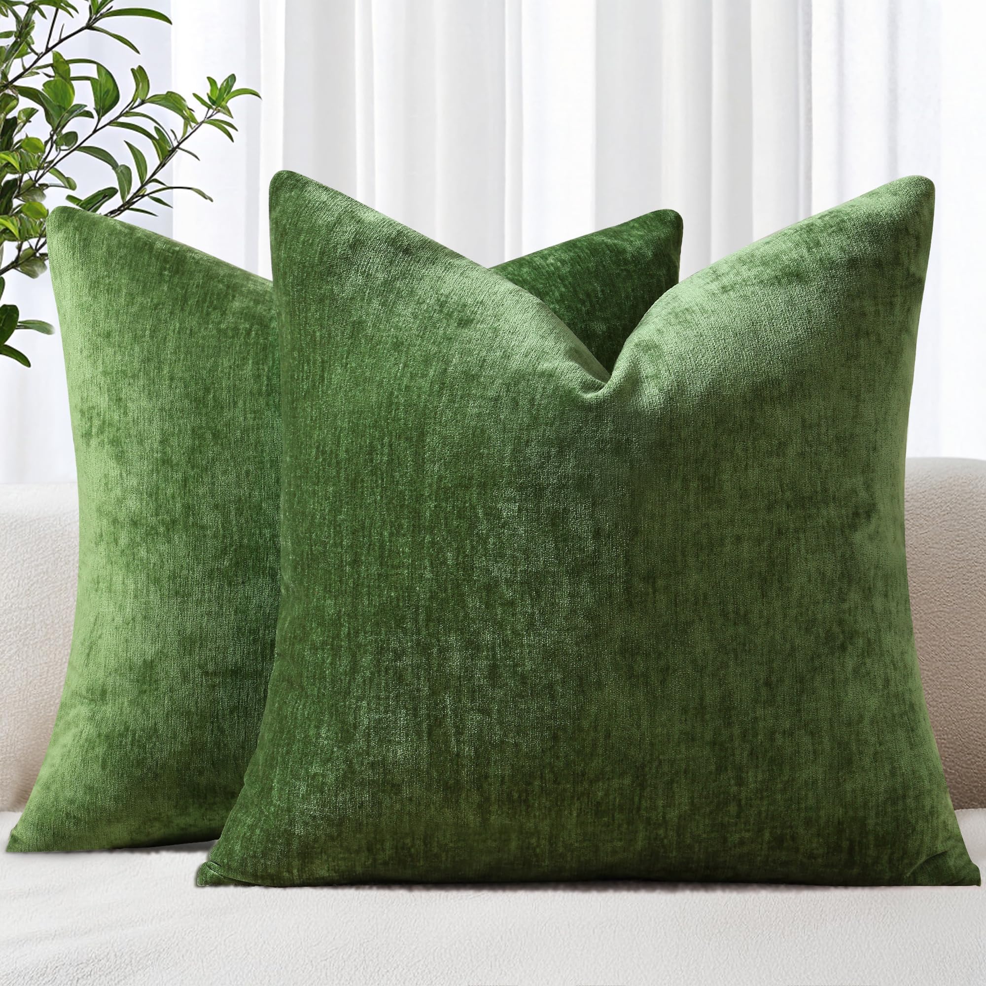 Photo 1 of decorUhome Chenille Moss Green Fall Throw Pillow Covers 18x18 Inch Set of 2, Decorative Soft Couch Pillow Covers Solid Dyed Accent Farmhouse Neutral Square Pillow Cases for Sofa Bed Living Room