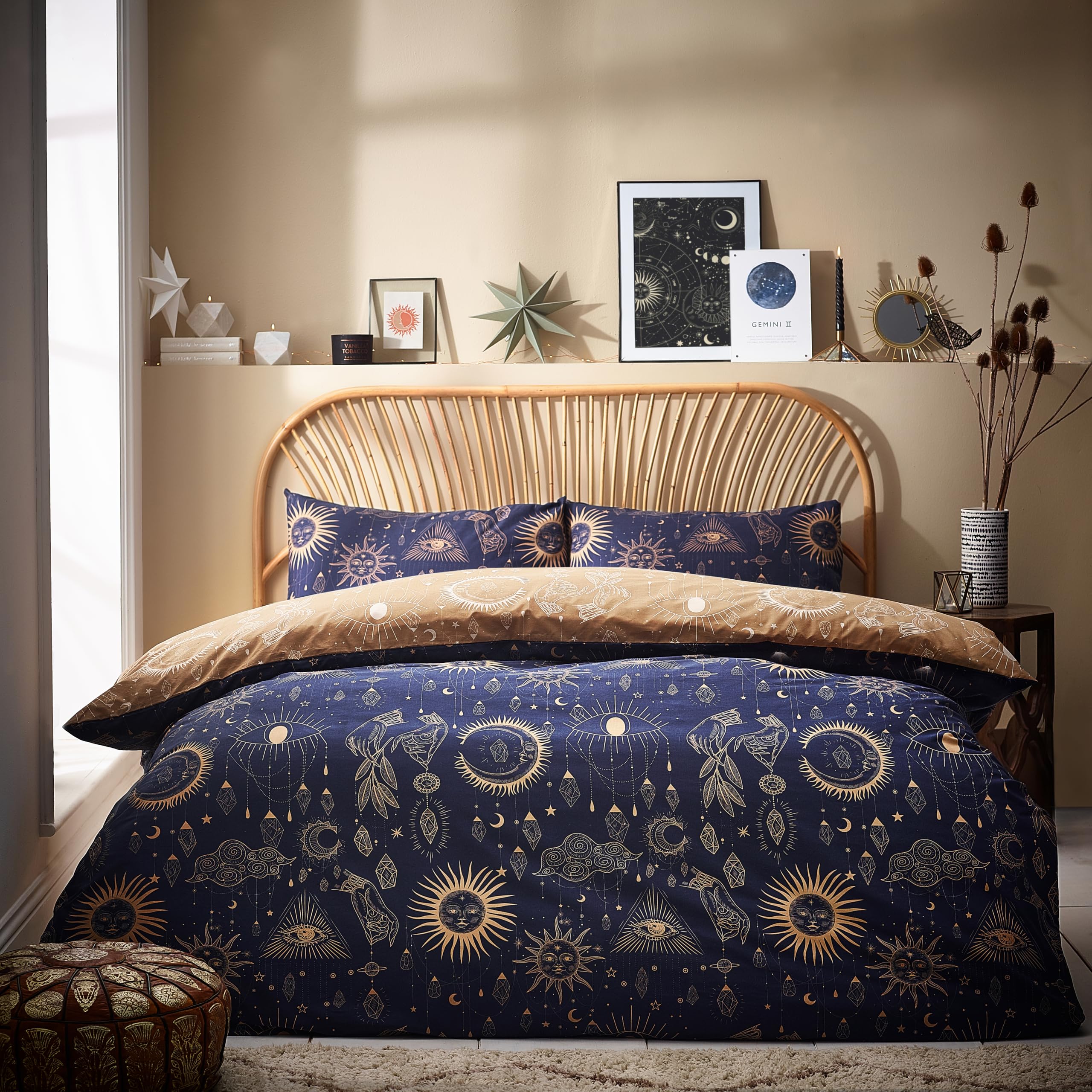 furn. Constellation Duvet Cover Set – Celestial Galaxy Print with Stars & Moons, Reversible Polycotton Bedding (Gold/Navy – Double) — image 1