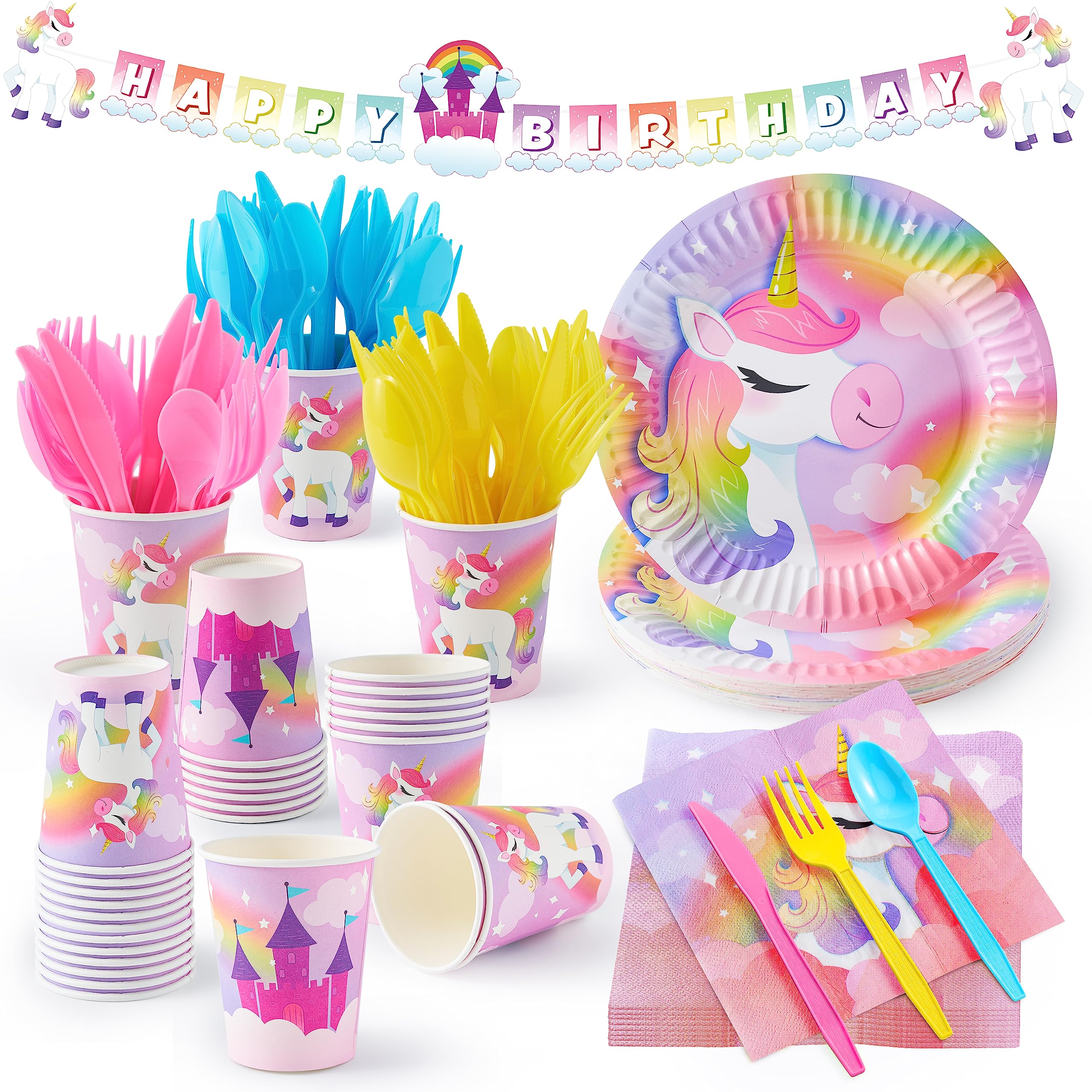 JOYIN 145 Pcs Unicorn Birthday Party Supplies with Unicorn Banner for Girls, 24 Serves Unicorn Disposable Tableware Set with Plates , Cups, Napkins, and Cutlery Sets for Unicorn Themes Party Kids