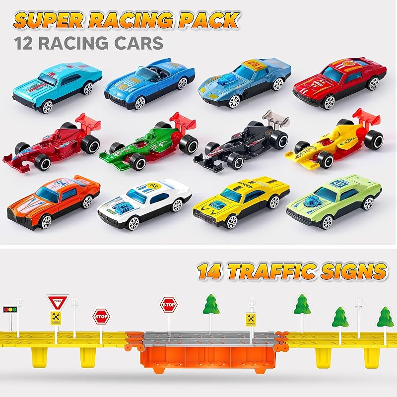 Camiones Juguete para Niños, 12 Vehículos de Juguete de Metal Fundido a presión con 2 lanzadores, Juguete Plegable Street Racer con Luces y Sonidos, Regalo para niños de 3 años en adelante