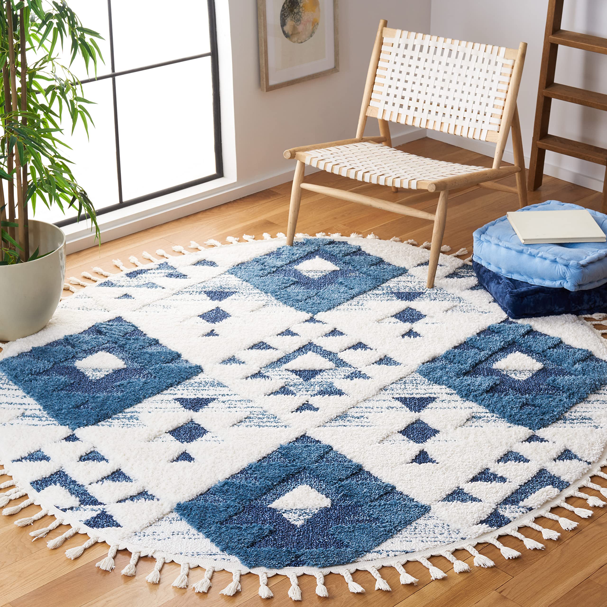 SAFAVIEH Moroccan Tassel Shag Collection Area Rug - 8' Round, Blue & Ivory, Boho Design, 2-inch Thick Ideal for The Living Room, Bedroom, Dining Room (MTS688M-8R) Image