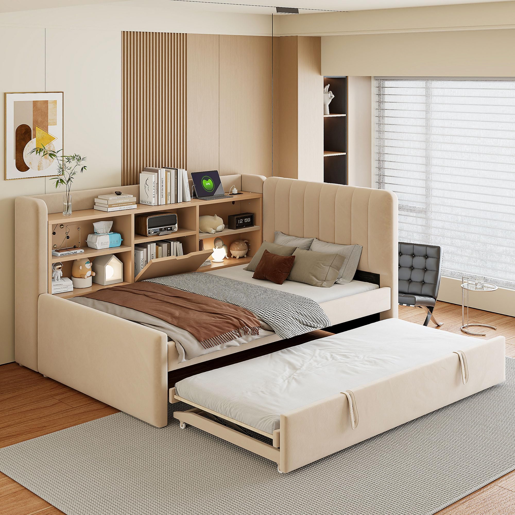 Photo 1 of ** Only 2 boxes of 3 needed missing box # 3 ** Merax Modern Upholstered Platform Bed Frame with USB Ports & Trundle Bed, Floor Sofa Day Bed with Storage Shelves, No Box Spring Needed/Easy Assemble/Twin, Beige