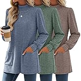Sweetyweee 3 Pack Women's Long Sleeve Mock Neck Sweaters, Ribbed Knit Long Tops Turtleneck Loose Fit Tunic Shirt with Pockets