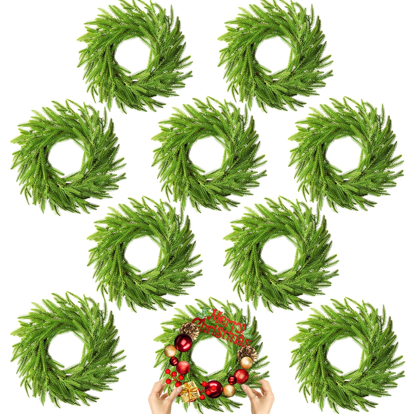 Photo 1 of 10 Pcs Christmas DIY Green Wreath 10 Inch Artificial DIY Faux Plain Wreaths Front Door Green Farmhouse Cabinets Indoor Outdoor Wall Decor(Norfolk Pine)