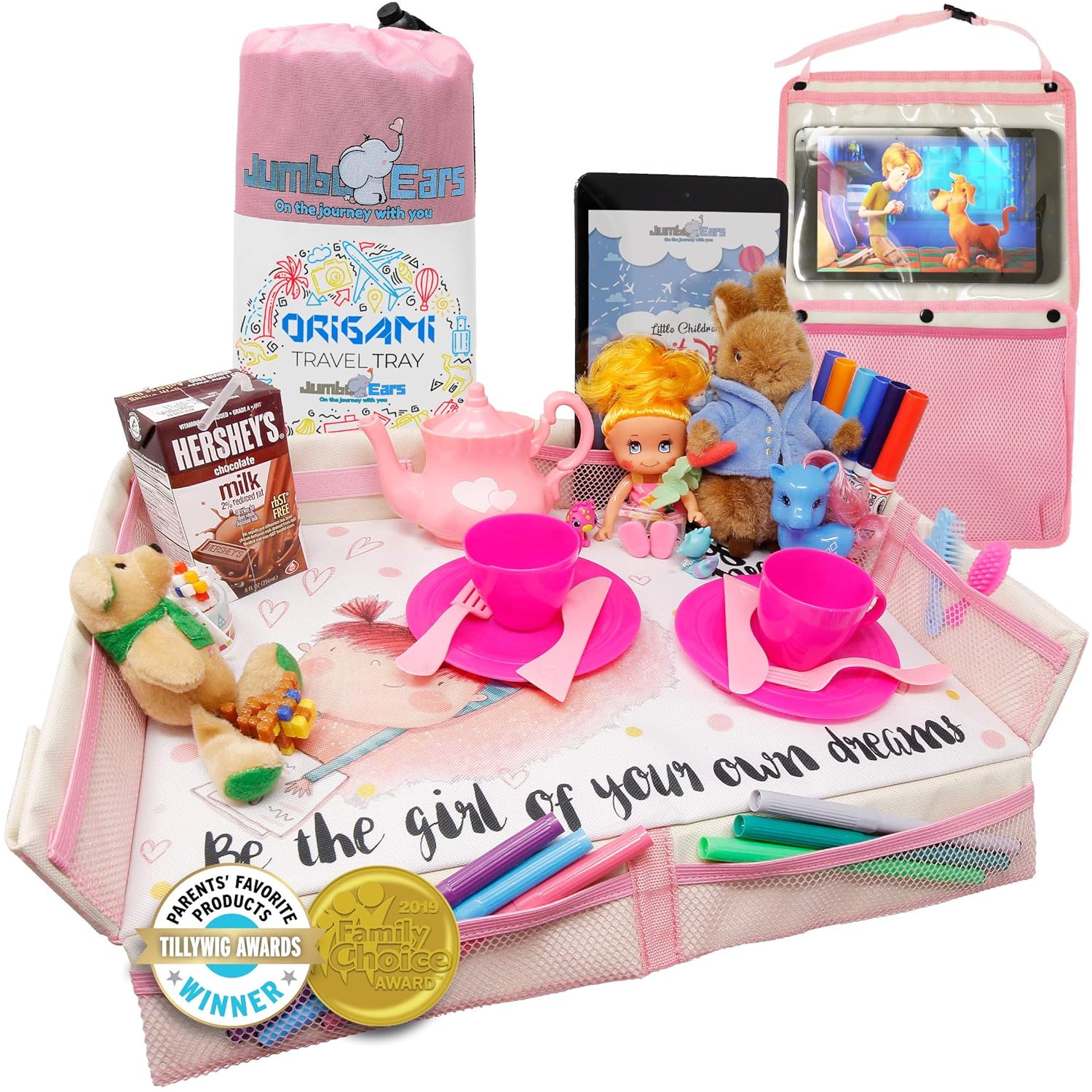 Foldable Kids Travel Tray Placemat Cover - Pink - Easy to Setup with Bonus Side Pockets for Home or Airplane Activities for Kids and Seat Organizer for Toddler Toys or Games Accessories on Flights