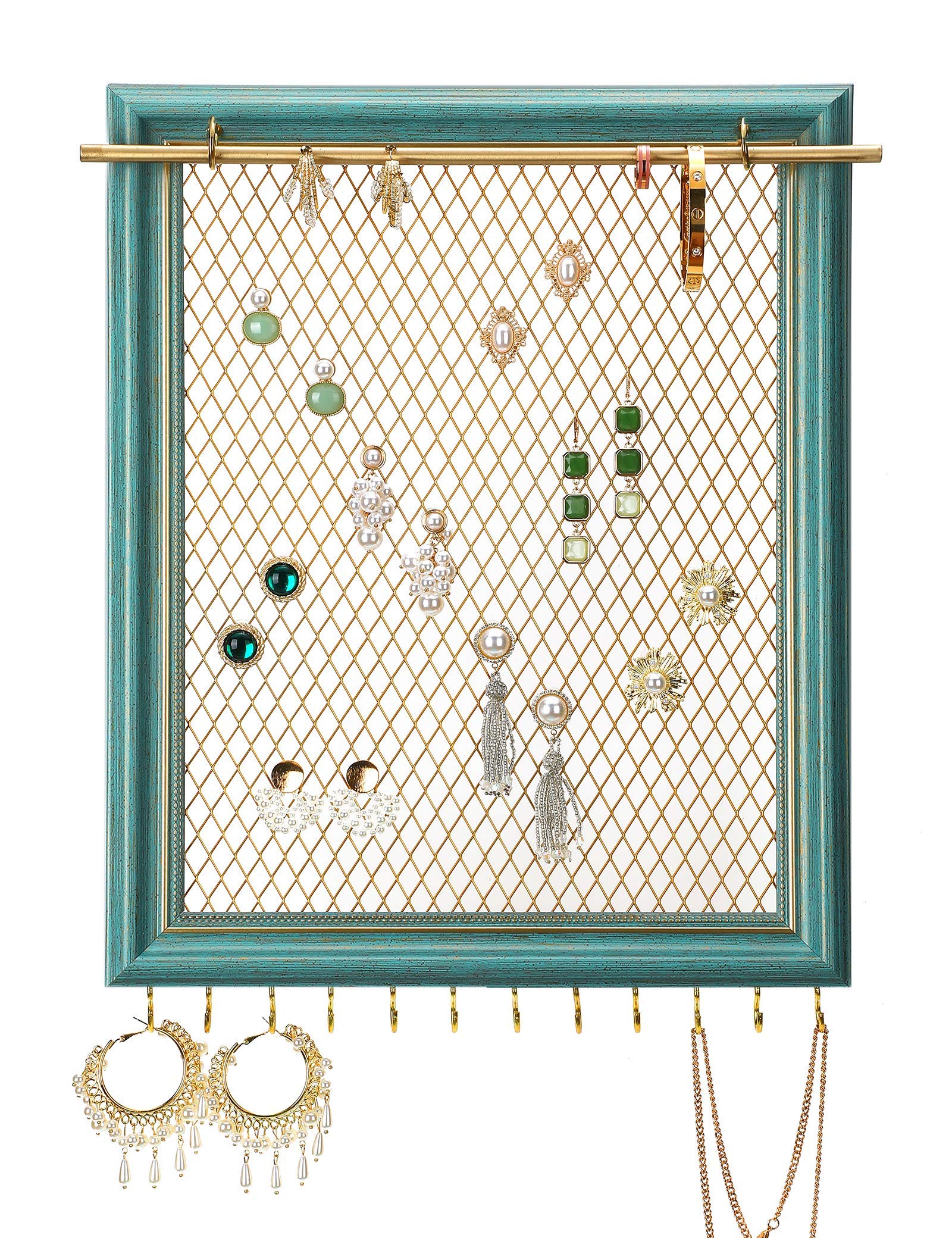 Photo 1 of Heesch Hanging Earring Organizer Frame Wall Mounted Jewelry Holder Vintage Rustic Stud Earring Display with Removable Rod and 12 Hooks for Necklaces, Bracelets and Rings (Teal)