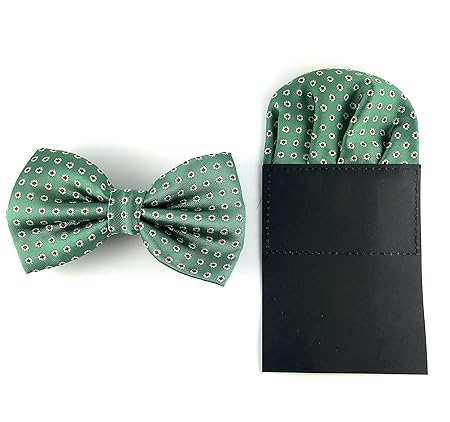 Good.Designs ® Herren Fliege mit Einstecktuch aus Kunstseide vorgebundenes Fliegenset in Grün Floral Gepunktet gepunkteteflie