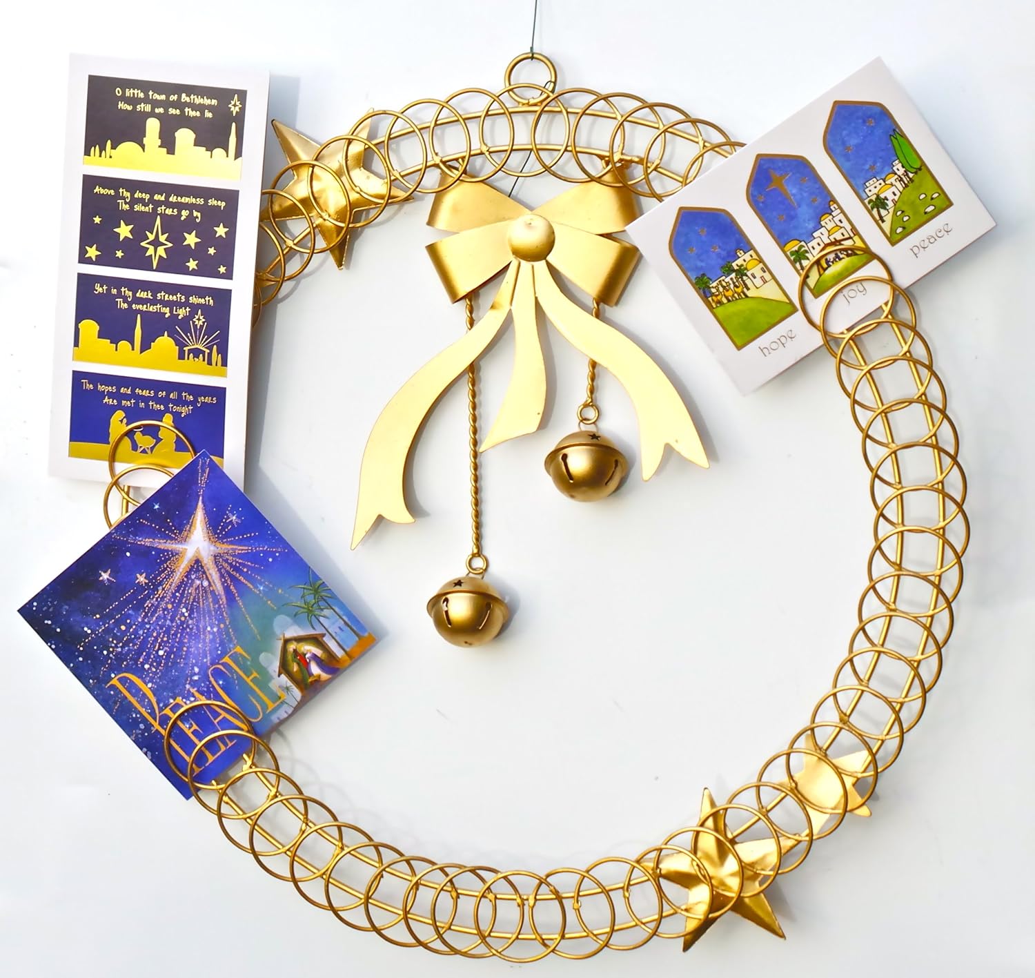 45cm Christmas bells bow and Wreath. Gold Ring christmas card holder