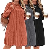 Evervibe 3 Pack Women's Plus Size Sweater Tunic Dresses, Long Sleeve Crew Neck Knit Dresses Loose Fit for Casual Fall Winter
