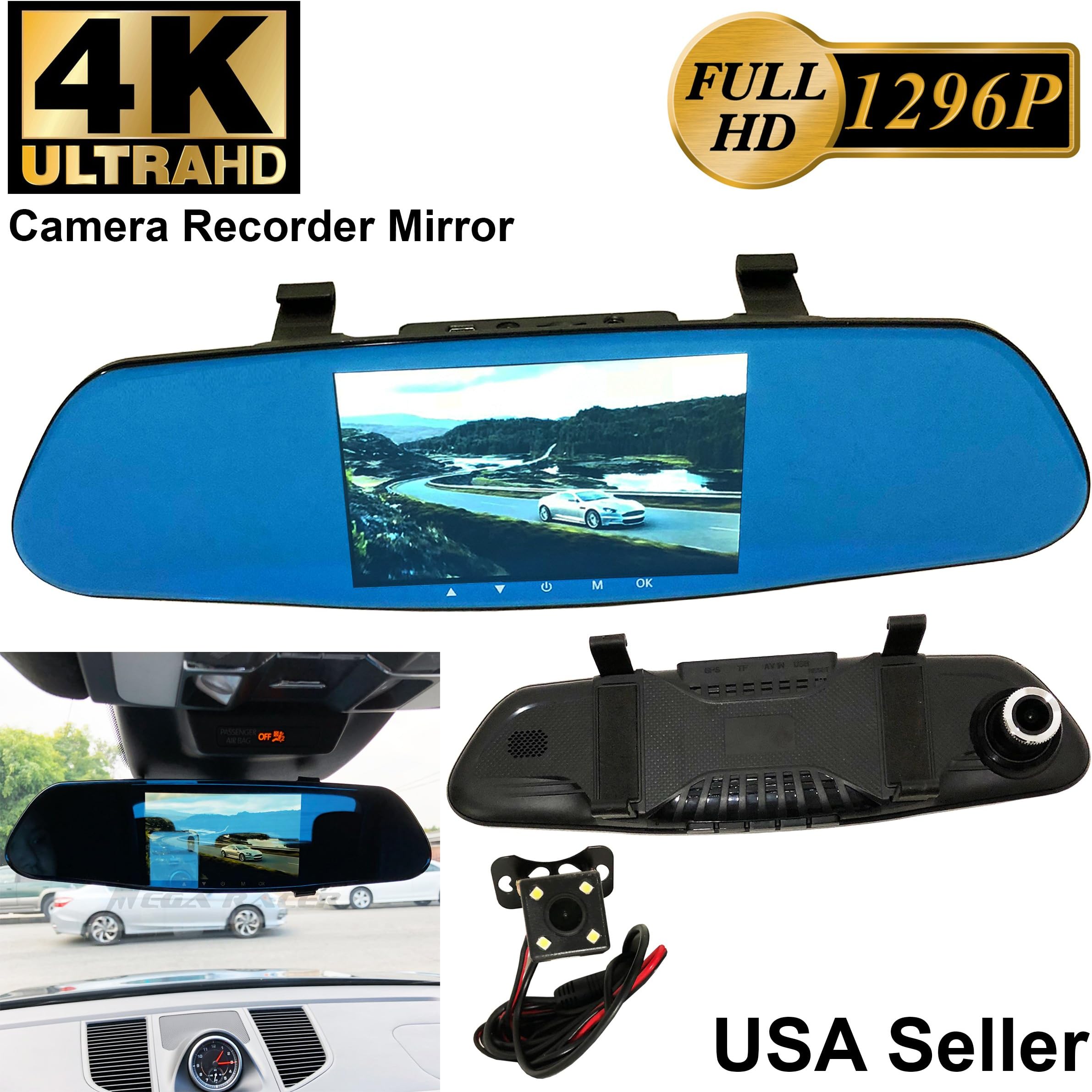 Mega Racer 4K Ultra 5.2 in 300mm 1296P Full HD Blue Tint Front/Back Up Reverse Camera Video Recorder Rearview Rear-View Mirror Car