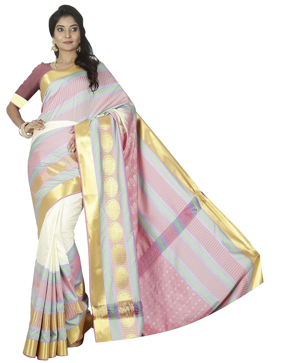 Arars Women S Kanchipuram Half And Half Silk Saree With Blouse Piece 230 Pb White Amazon In Clothing Accessories