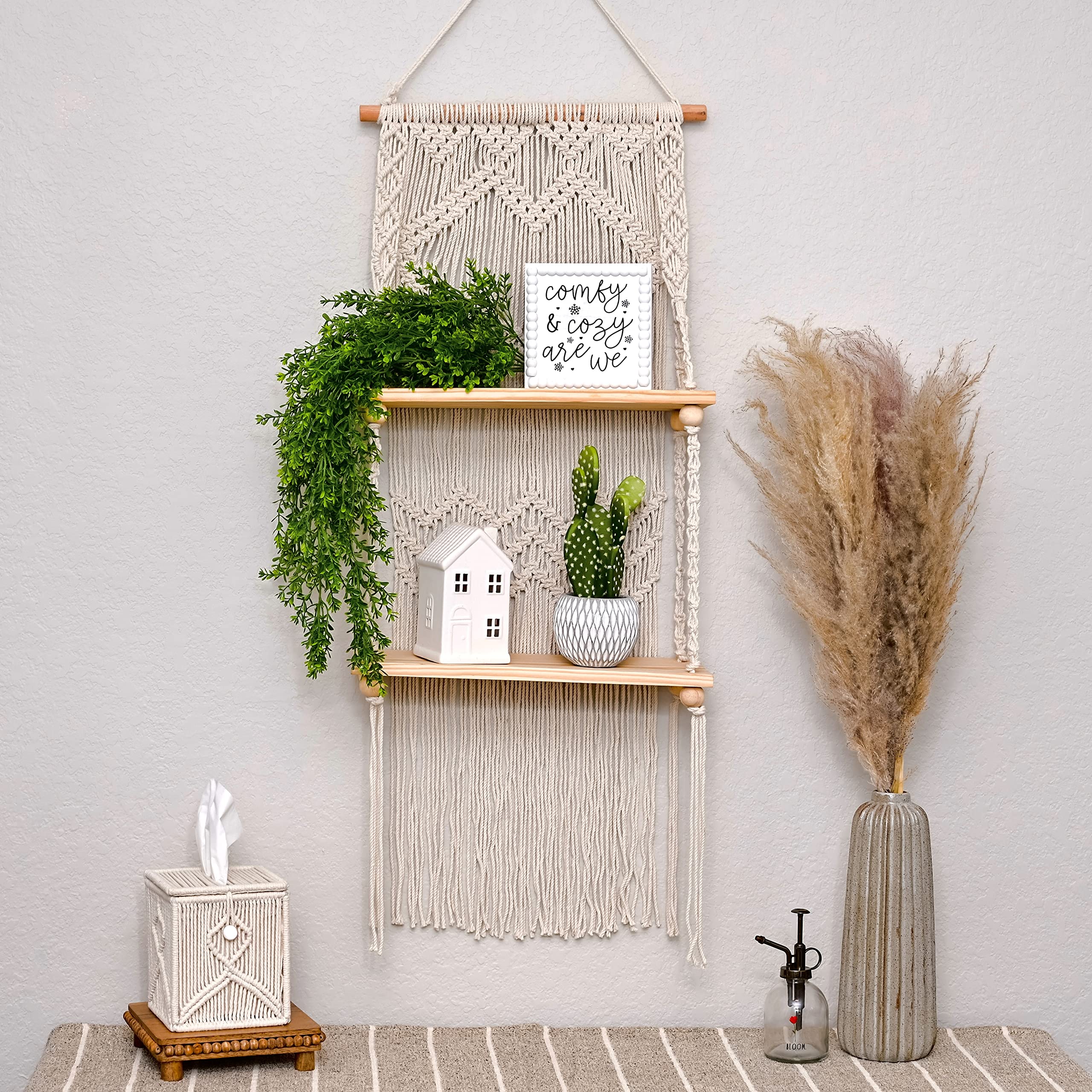 Photo 1 of SnugLife 2 Tier Macrame Wall Hanging Shelf with Woven Rope - Boho Pine Wood Shelves for Plants, Bathroom, Kitchen