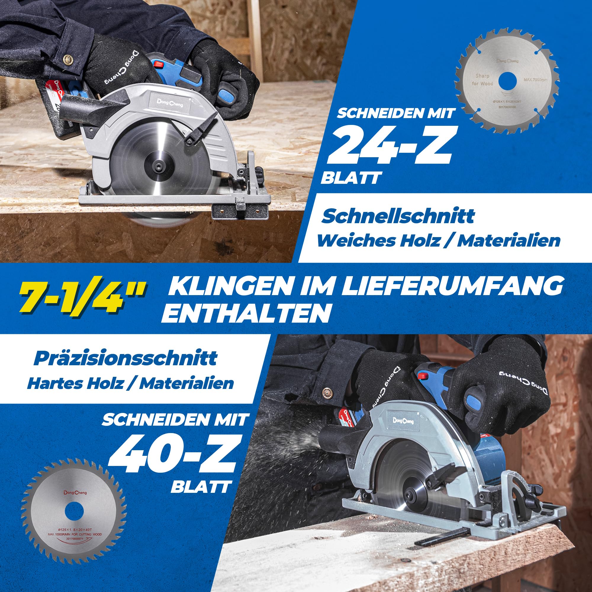 Dong Cheng 18V Akku Handkreissäge Ø185mm, 5000RPM, Schnitttiefe 65 mm, 0-45° (inkl. Ø185 x Ø20 mm Sägeblatt, Akku/Ladegerät, BOXX) DCMY02-185 5