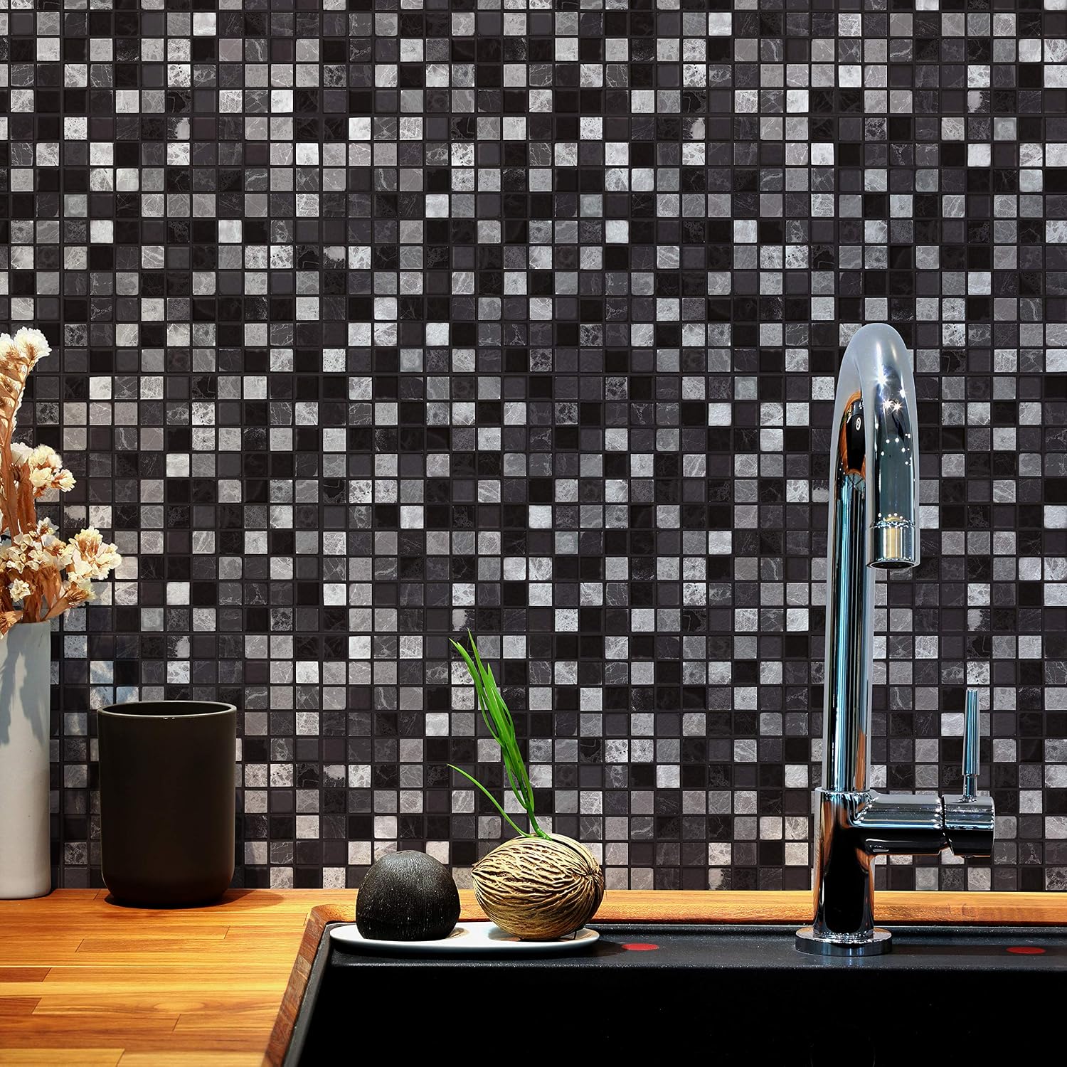 WALPLUS 15cm(6")@72pcs Marquina Metallic Black & White Marble Mosaic Wall Tile Sticker Tile Paint Stick on Tiles Peel and Stick Self Adhesive Tile Sticker for Kitchen Bathroom Tile Transfer Backsplash - Image 3