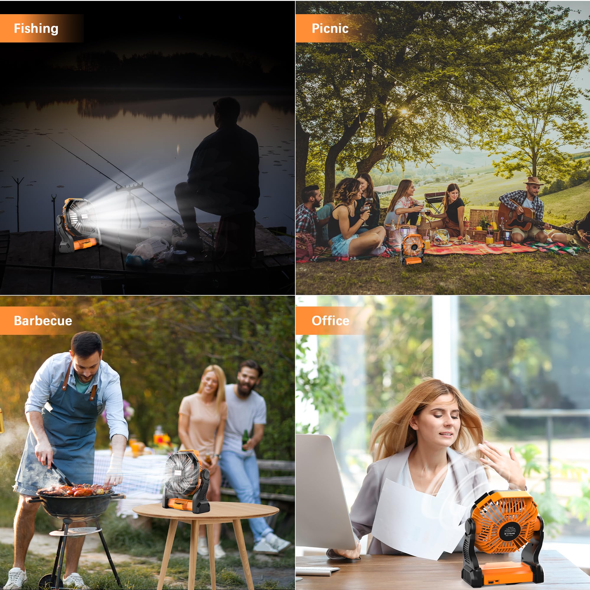 Portable Camping Fan Rechargeable with LED Lantern - 20000mAh Cordless Battery Powered Fan, 4 Speed Quiet USB Table Desk Fan, Battery Operated Tent Fan for Travel, Beach, Fishing, Home&Office (Orange)