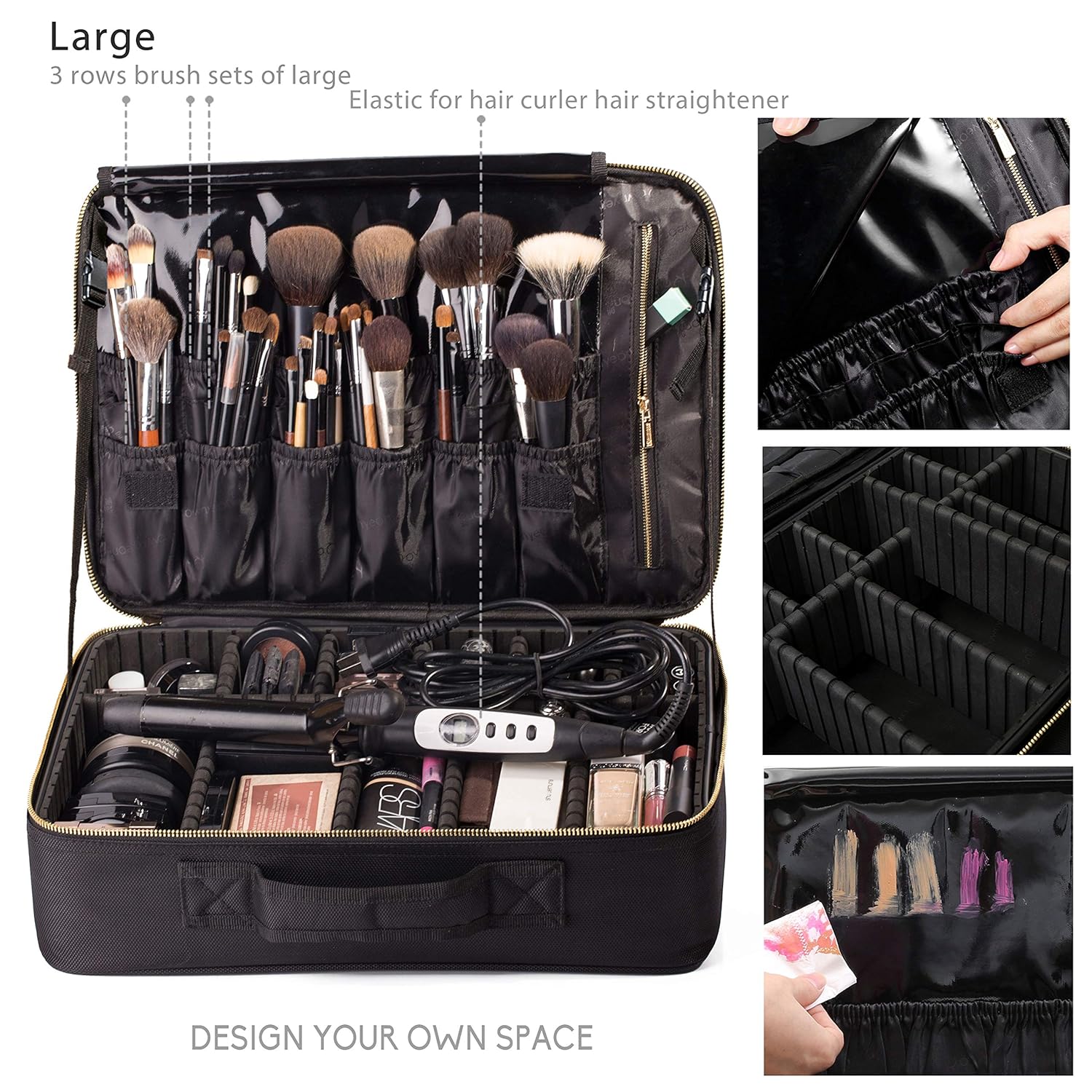 ROWNYEON Travel Makeup Bag Cosmetic Makeup Train Case Artist Makeup Organizer Professional Portable Storage Bag for Women Girl Waterproof EVA Adjustable Dividers 16.1" Large Black : Beauty