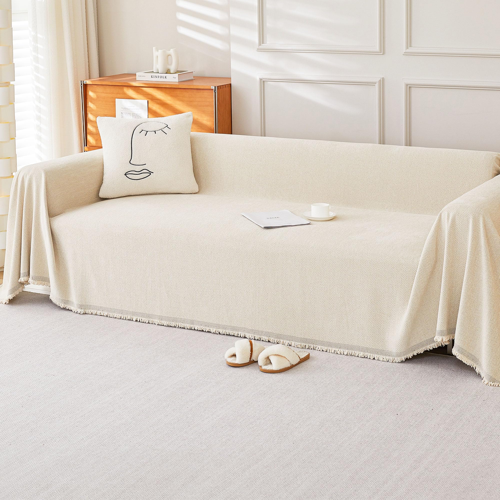 Photo 1 of Foreate Chenille Sofa Covers Sectional Couch Cover Blanket L Shape 71" x 134", Soft Washable Couch Covers for Sofa Furniture Protector Herringbone Pattern Sofa Cover with Tassel, Beige