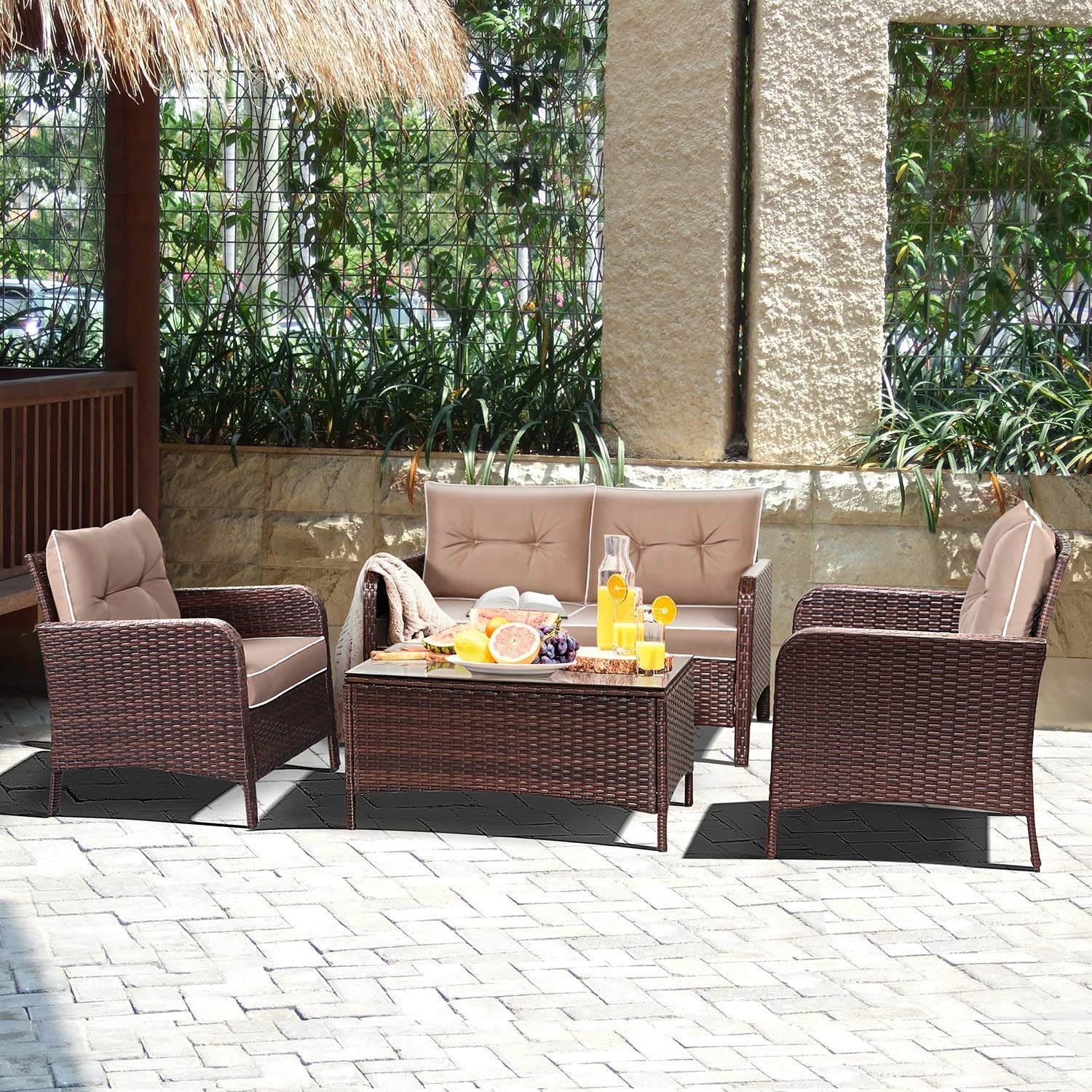 Tangkula 4 Pcs Patio Furniture Set, Outdoor Rattan Wicker Sofa