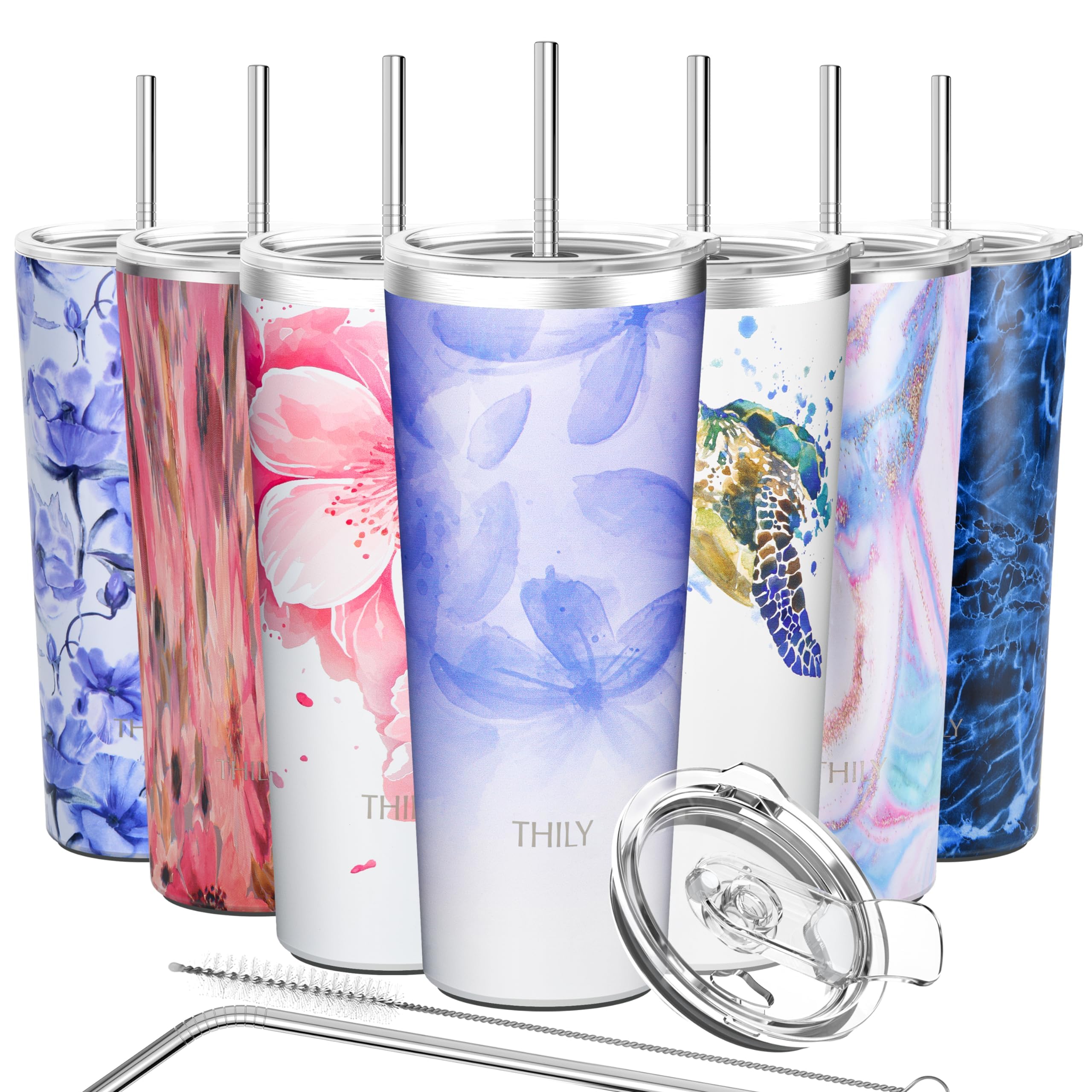 THILY Stainless Steel Vacuum Insulated Tumbler Travel Mug 780 ml Coffee Cup with 2 Lids and Straws, Splash Proof, Keep Ice Drinks Cold, Violet Leaves — image 1