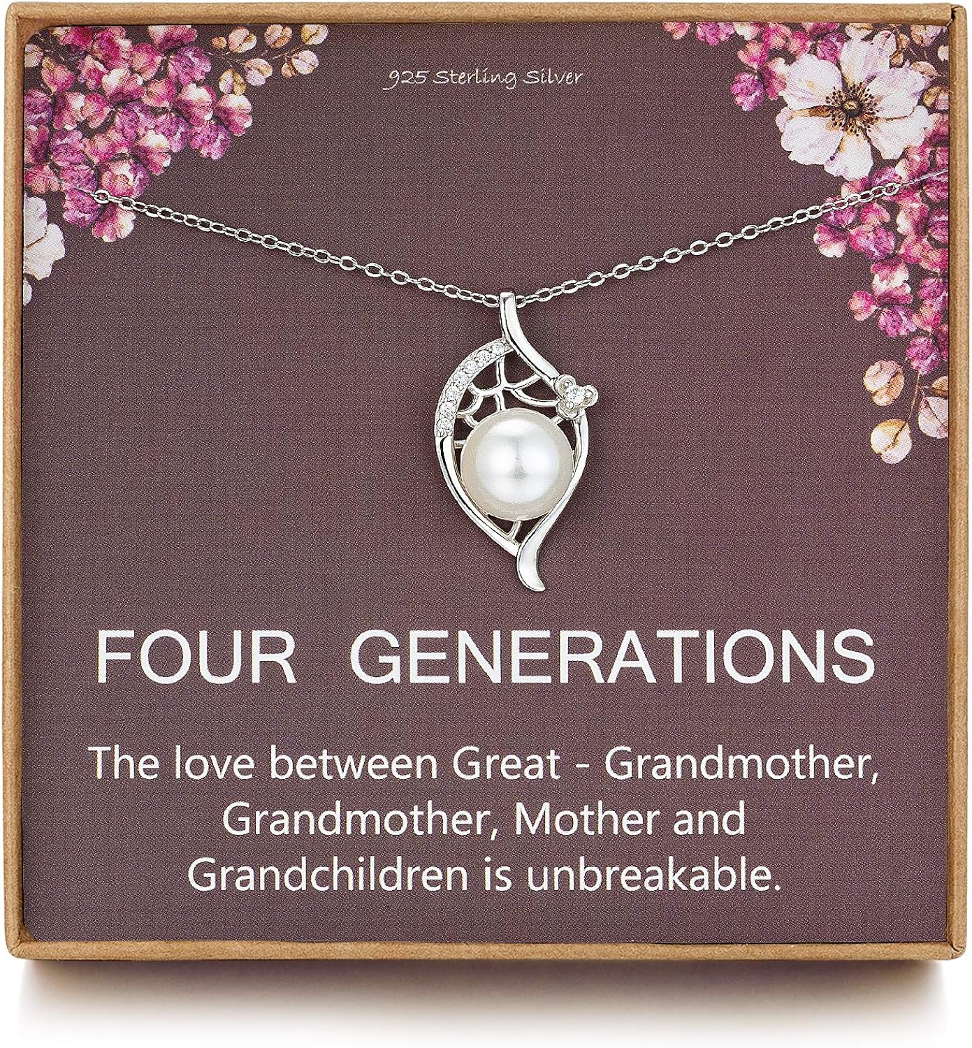 Four Generations Gift for Great Grandma Sterling Silver Single Pearl Pendant Leaf Crystal CZ