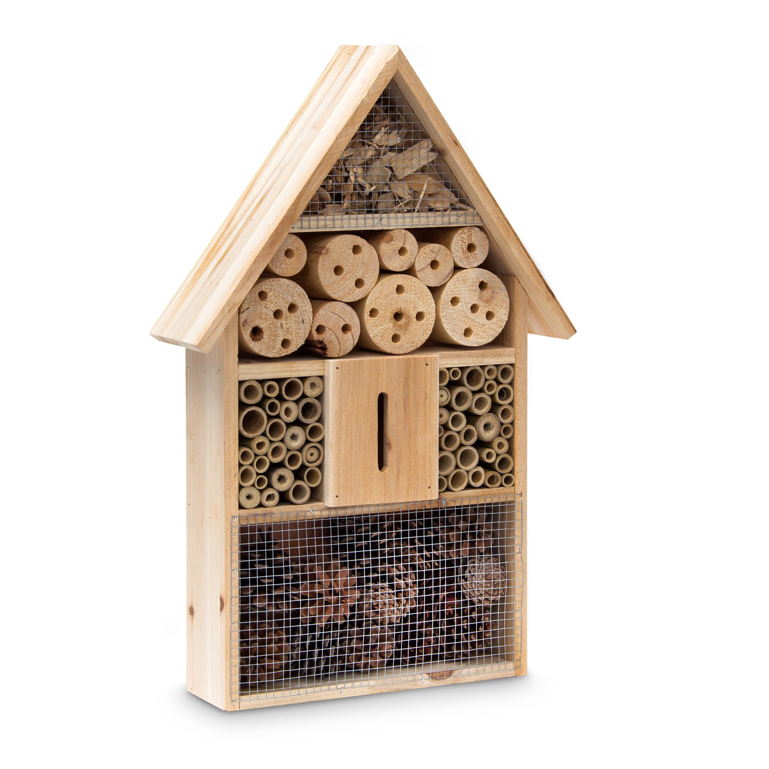 Relaxdays Insect Hotel 48 x 31 x 10 cm Bee Butterfly Hotel of Natural Materials Shelter for Bugs, Bees, Wasps, Butterflies Insect Wood Insect House with Pointed Roof, Natural Colour