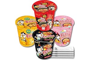 Buldak Ramen Noodles 4 Flavor Cup Variety Combo - Total 4 pack (1 Pack ea) - Original, 2x Spicy, Carbonara, Cheese - Spicy Ramen Noodles Samyang Buldak Ramen Korean Spicy Hot Chicken Stir-Fried Cup Noodles Bundle with 4 ALL.FOR.YOU. Branded Chopsticks
