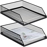 Hicarer 2 Pcs Black Metal Letter Tray Stackable Desk Tray Single Wire Mesh Organizer Front Load File Paper Holder for Desktop Office Home School Classroom (12.8 x 9.84 Inch)