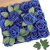 AmyHomie Artificial Flower Royal Blue Rose 25pcs Real Looking Fake Roses w/Stem for DIY Wedding Bouquets Centerpieces Arrangements Party Baby Shower Valentines Day Christmas Tree Decorations
