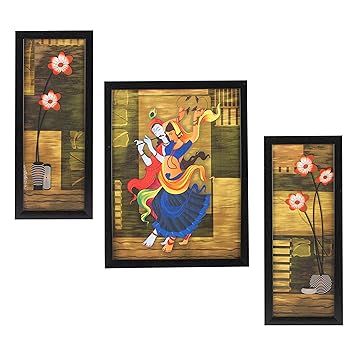 Indianara Synthetic Wood Radha Krishna Paintings Without Glass (5.2 X 12.5, 9.5 X 12.5, 5.2 X 12.5-inch, Set of 3)