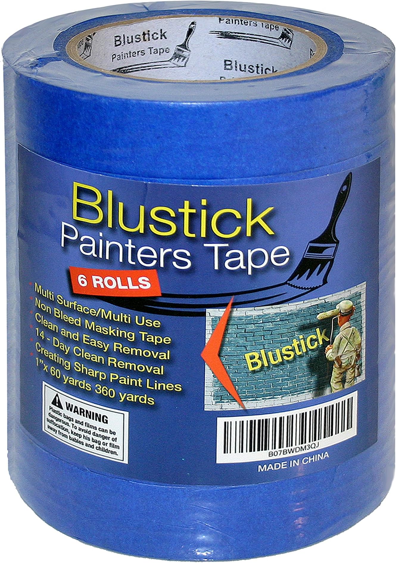 Blue Painters Tape | Medium Adhesive | 14 Day Clean Release Masking Tape | No Residue | DIY or Professional Painter | 6 Pack, 1 Inch x 60 Yard Length, 360 Yards in Total