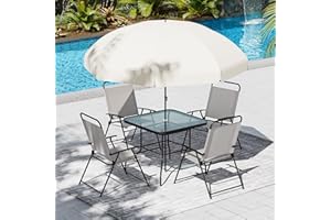 Amopatio Patio Dining Set for 4, Outdoor Table and Chairs with Umbrella, 4 Folding Dining Chairs & Glass Table for Lawn, Deck, Garden, Backyard, Deck, Patio Furniture Set, Grey