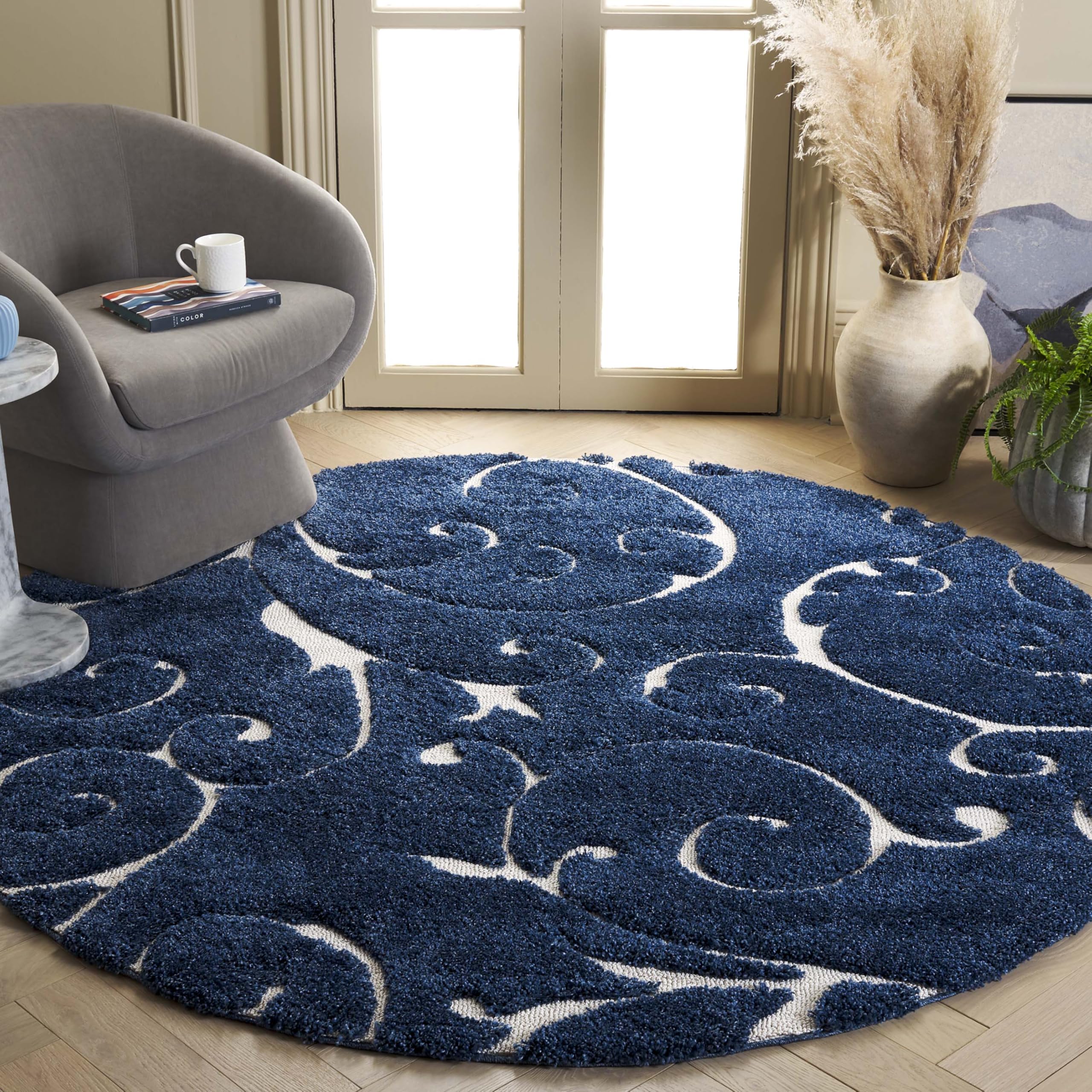 SAFAVIEH Florida Shag Collection Area Rug - 8' Round, Dark Blue & Cream, Scroll Design, Non-Shedding & Easy to Clean, High-Low Plush Pile, Ideal for Living Room, Bedroom, Dining Space (SG455-6511) Image