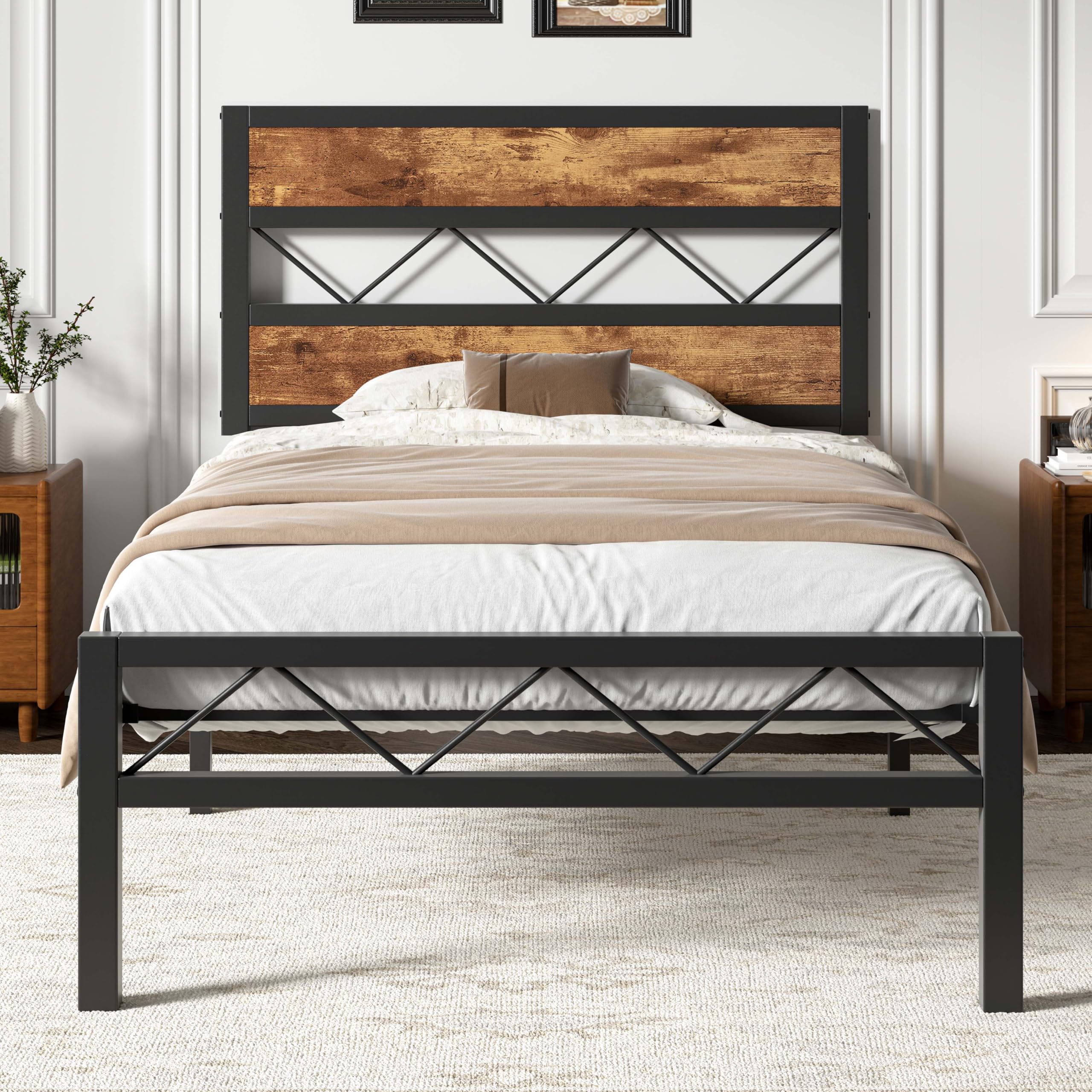 VECELO Twin Size Bed Frame with Headboard, Heavy-Duty Platform Bedframe with Metal Slats Support, No Box Spring Needed, Easy Assembly, Black & Brown Image