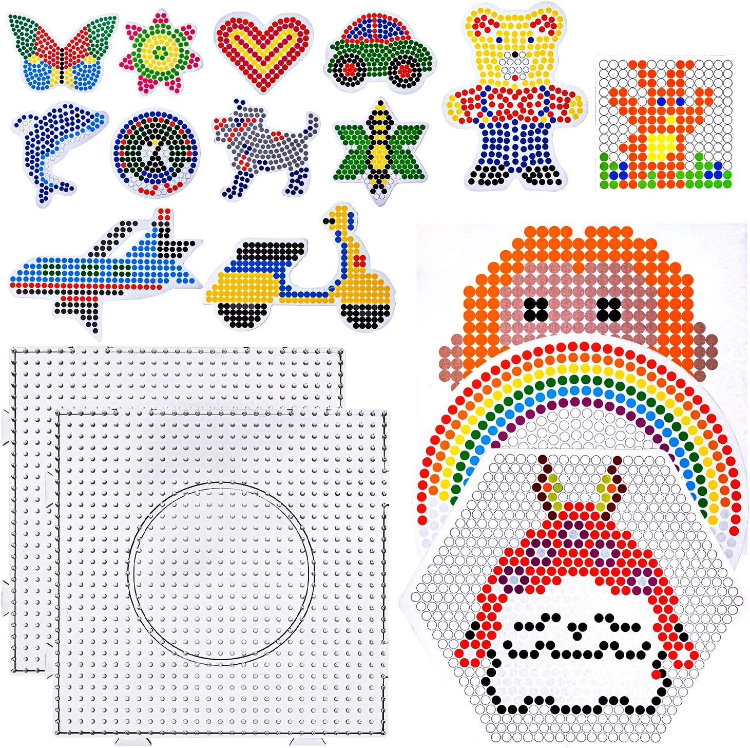 KXCOFTXI 17 Pack 5mm Fuse Beads Pegboards Sets Including 2 Piece Large Square Clear Plastic Pegboards with 15 Pieces Colorful Cards for Perler Beads