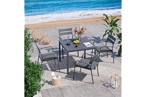 Soleil Jardin Aluminum 5 Piece Outdoor Furniture Dining Set, Patio Dining Furniture Set with 35" Square Table and 4 Stackable Chairs for Garden, Backyard, Dark Grey Finish & Grey Cushion