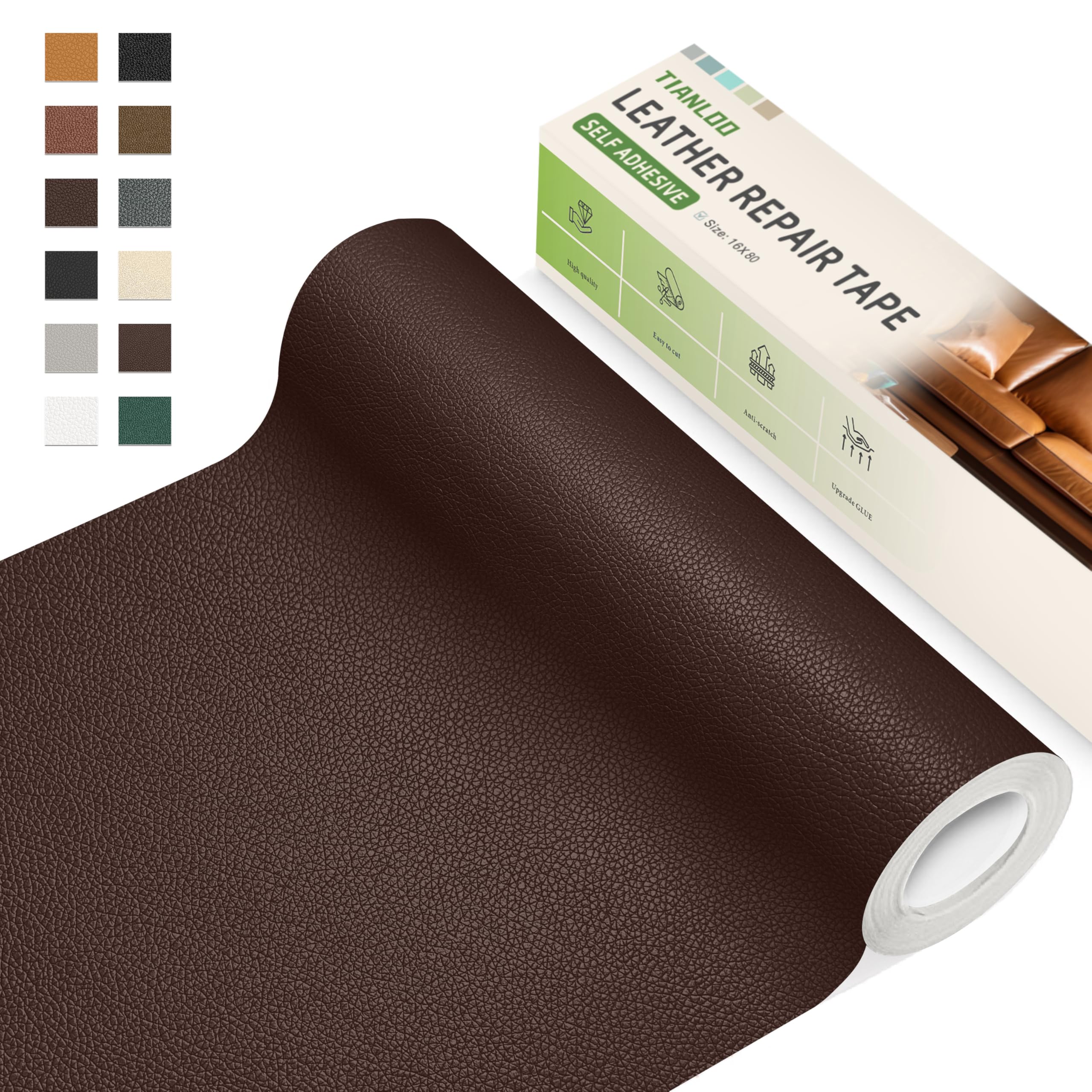 Photo 1 of TIANLDD Leather Repair Tape,16 x 80 Inches Self Adhesive Leather Repair Patch?Leather Repair Kit for Furniture?Couches,Car Seats,Cabinets,Handbags(Dark Brown-Litchi Grain)