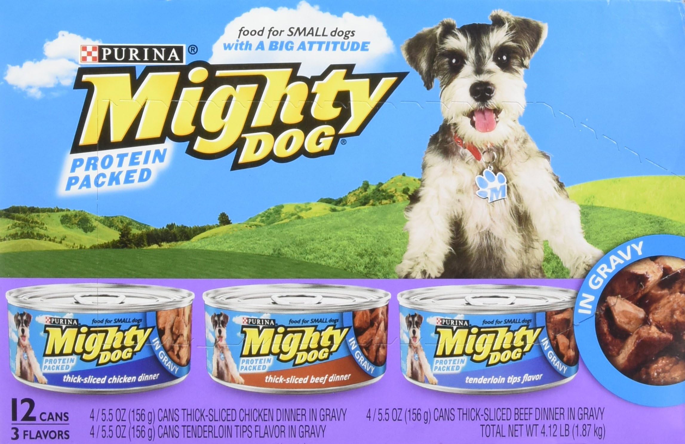 Purina ~ Mighty Dog for Small Dogs ~ Protein Packed 3 Flavor Variety Pack ~ 1 Box of 12 Cans ~ (Thick-Cut / Purple Pack)