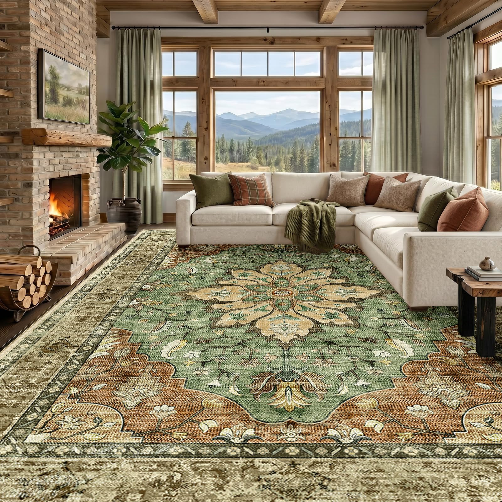 RELEANY Washable Area Rug, Large 9'x12', Brick/Brown/Green