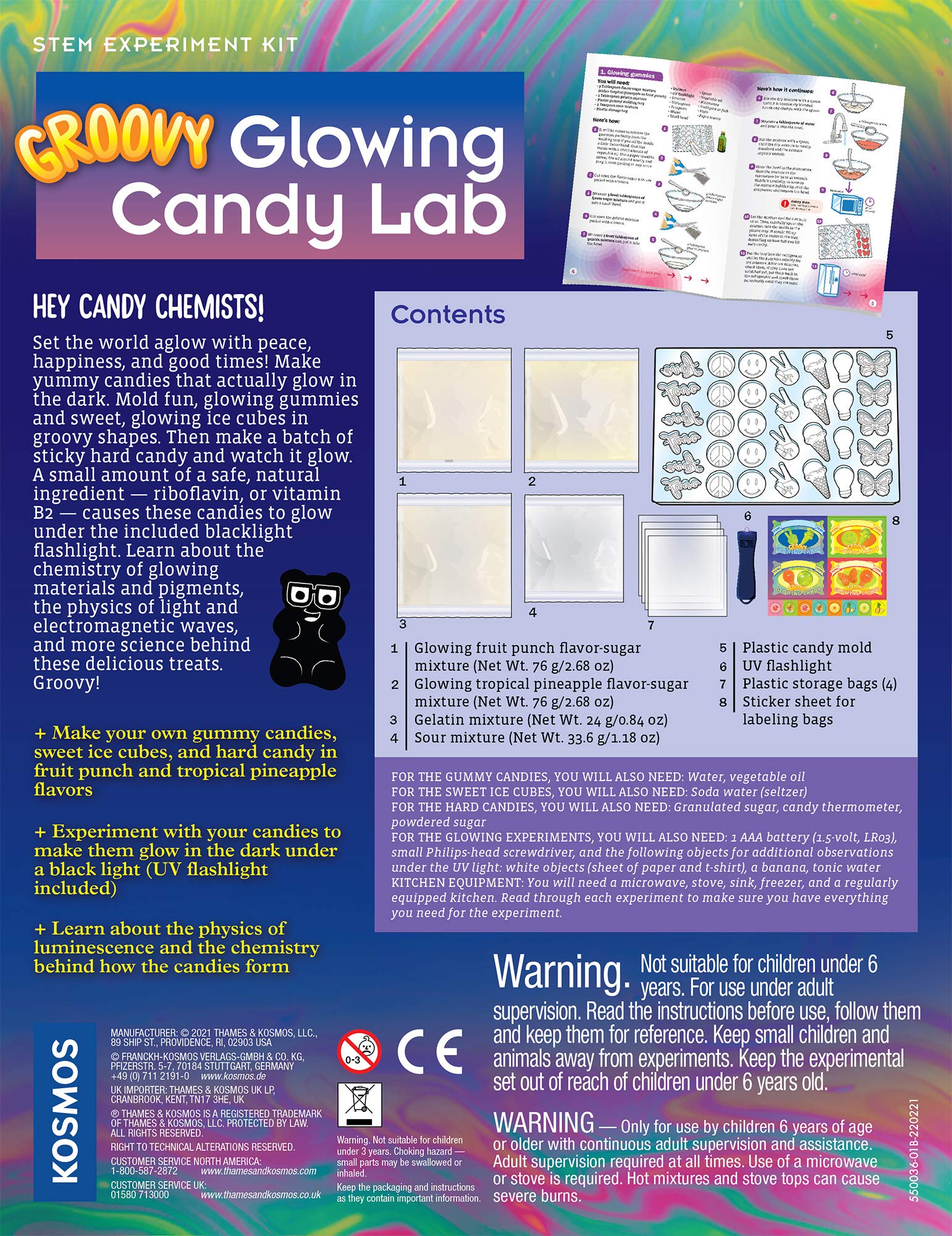 Thames & Kosmos Groovy Glowing Candy Lab STEM Kit | Make Glow-in-the-Dark Candies, Ice Cubes | Explore Luminescence & Chemistry of Gummies | Cool Shapes, Flavors, Safe to Eat | Includes LED Flashlight