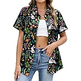 SWTJIC Easter Shirts for Women Easter Bunny Shirt Funny Rabbit Graphic Festival Party Short Sleeve Button Up Tops