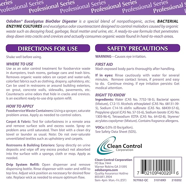 ODOBAN PROFESSIONAL CLEANING READY-TO-USE BIOODOR DIGESTER HARSH AROMA COUNTERACTANT, MADE IN THE USA, EUCALYPTUS SCENT, 1 GALLON