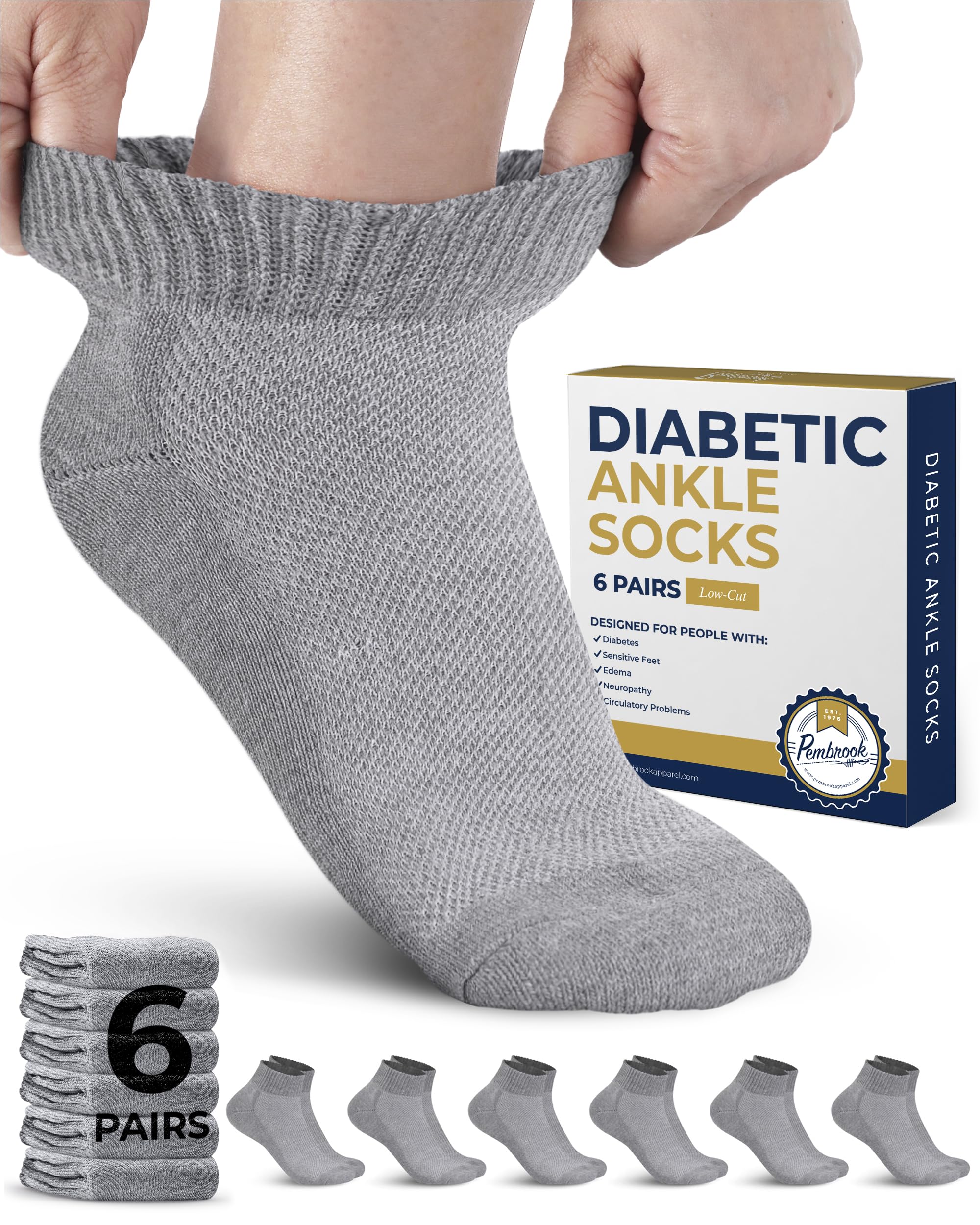 Photo 1 of Pembrook Gray Ankle Diabetic Socks for Men & Women - 6 Pairs | Low Cut Stretch Top Mens Diabetic Socks | Ankle Moisture Wicking Neuropathy Socks for Men | Diabetic Socks for Men 9-12