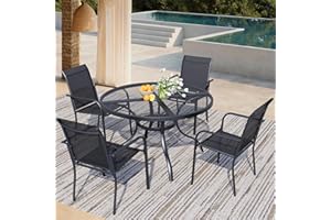 Stabrech 5 Piece Outdoor Dining Set, Patio Table and Chairs Set of 4, 42" Black Round Patio Table with 4 Black Stackable Patio Chairs for Lawn, Garden, Porch