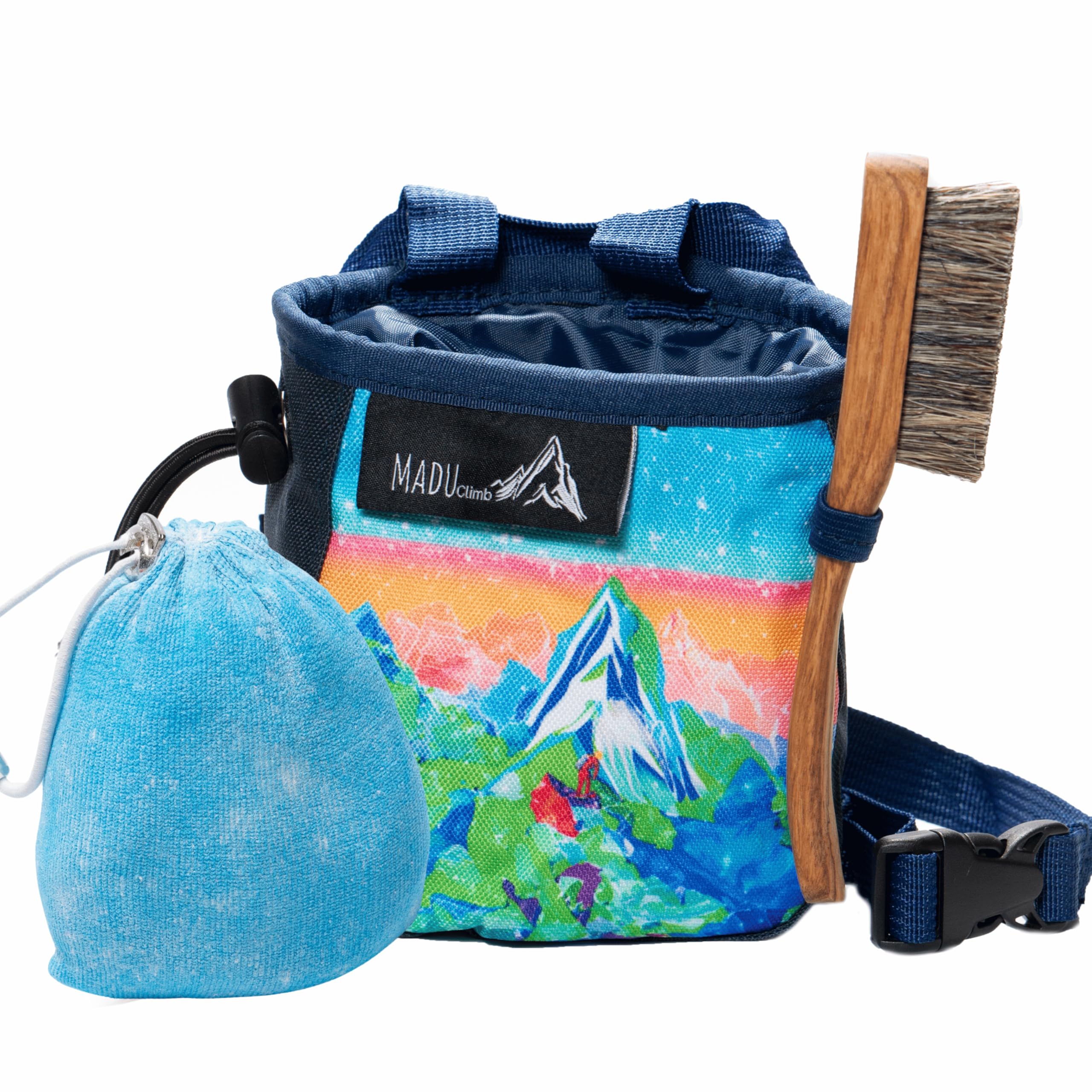 Madu Climb Rock Climbing Bag Sport Climb Chalk Pouch with Zippered Pocket, Brush Holder, Fleece Lining & Drawstring Closure (Blue Bundle)