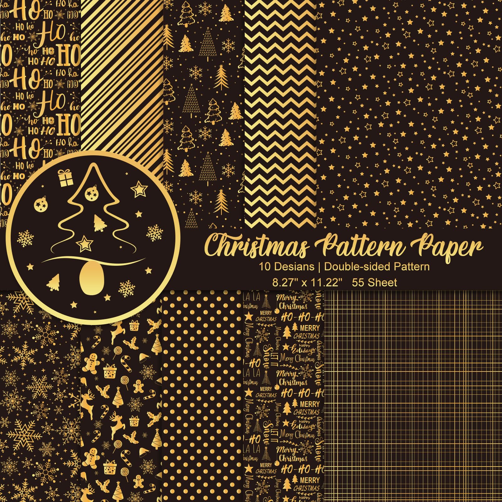 Morcheiong 55 Sheets Merry Christmas Pattern Paper Set Decorative Paper for Card Making Scrapbook Photo Album Decor, 10 Designs (Black, 8.27*11.22 inches)