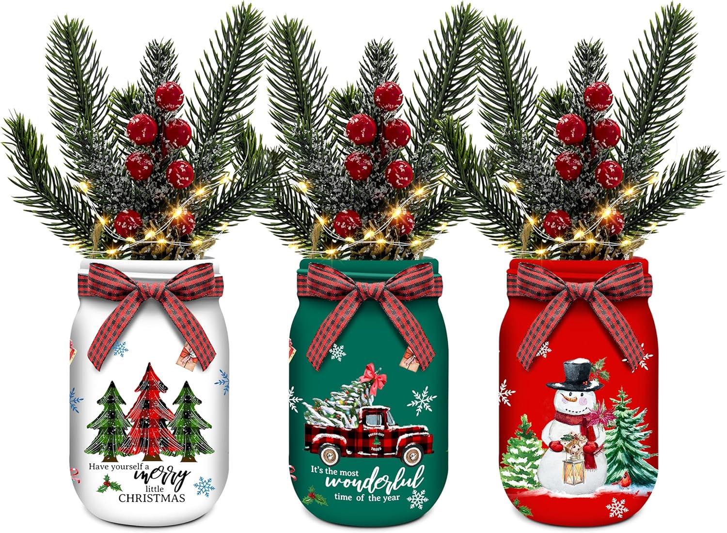 Artificial Snow - 3 Pack Christmas Decor-Glass Bottles with Lights for Christmas Table Centerpieces-Decorative Glass Bottles for Christmas Table and Room Decor