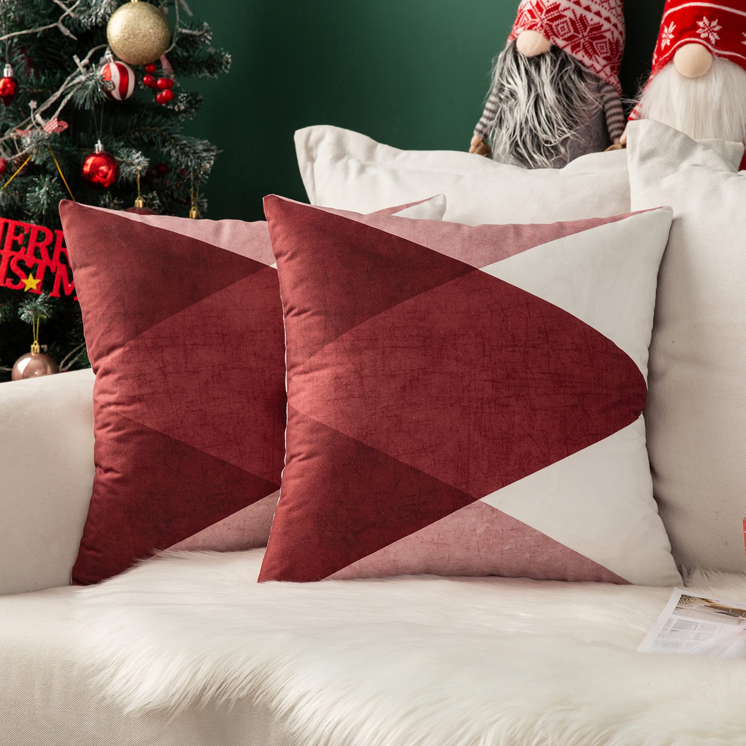 MIULEE Christmas Cushion Covers Cushions Pillow Case Geometric Suedette Decorative Square Throw Pillow Cover Luxury Pillowcases for Couch Living Room Sofa Bed 45x45cm 18x18 Inches Pack of 2 Red