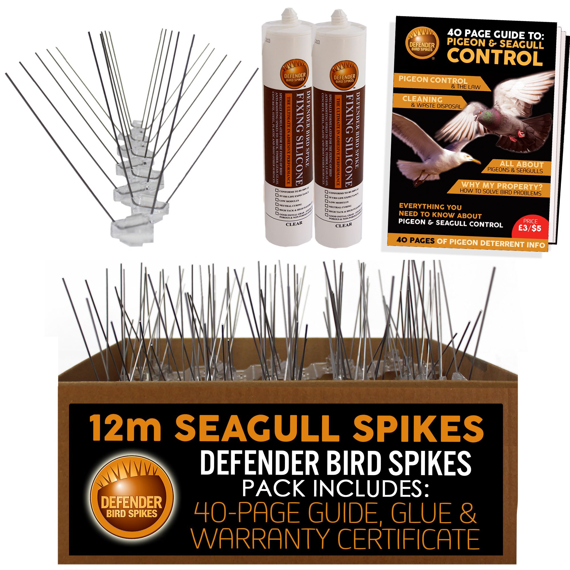 Defender Seagull Spikes Pack | 12 m | Glue | Gull Control Guide | Various Size Packs