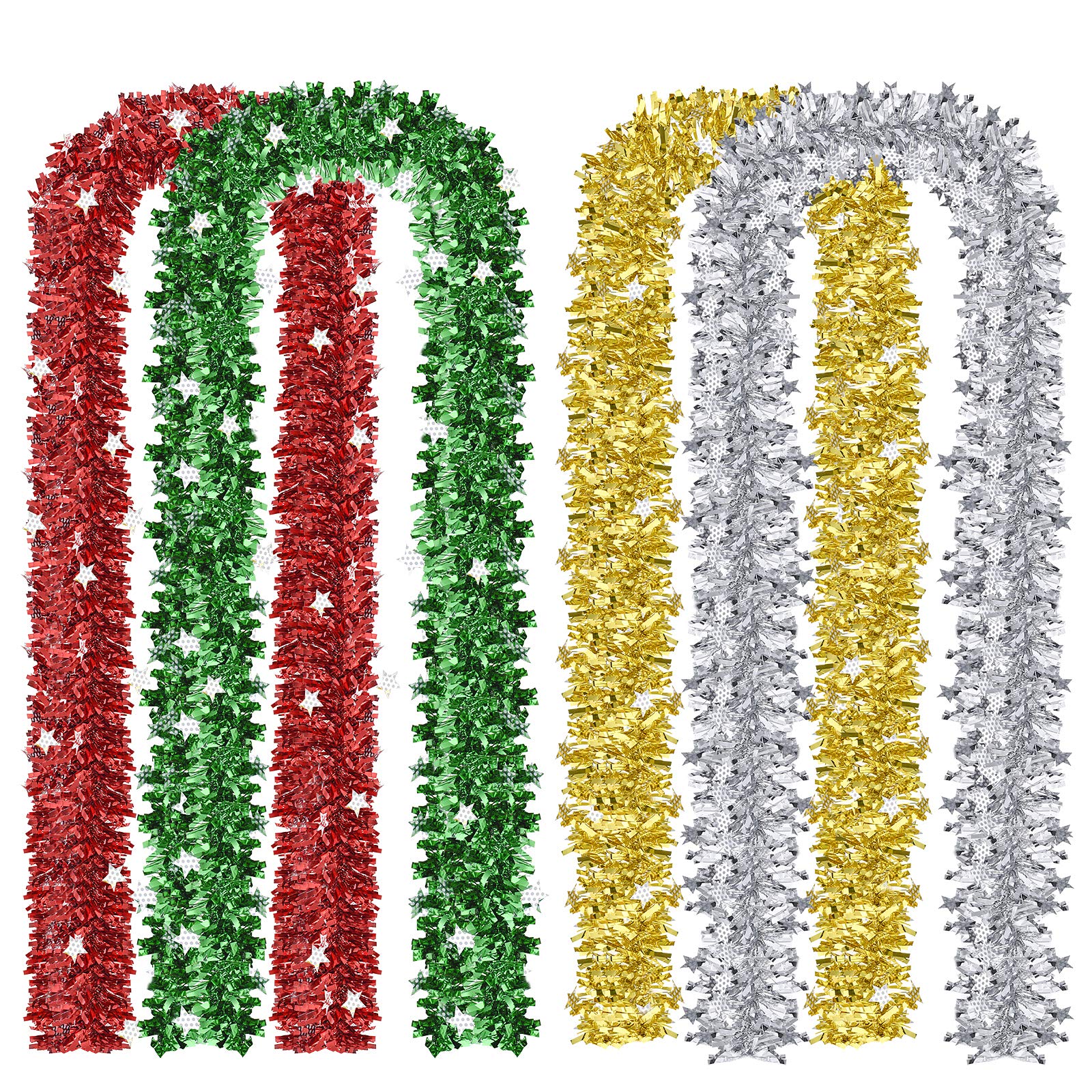 MELLIEX 8M / 26Ft Christmas Tinsel 4 Pieces Shiny Chunky Metallic Garland Hanging Decoration for Christmas Tree Wreath Wedding Party Supplies